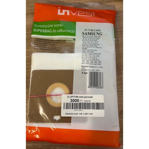 Invest IZ-VP77/99S-MINI mikroszálas porzsák - 5 darab zsák - Utángyártott